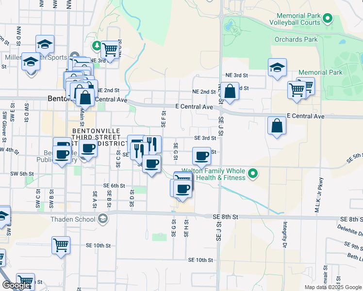 map of restaurants, bars, coffee shops, grocery stores, and more near 805 Southeast 4th Street in Bentonville