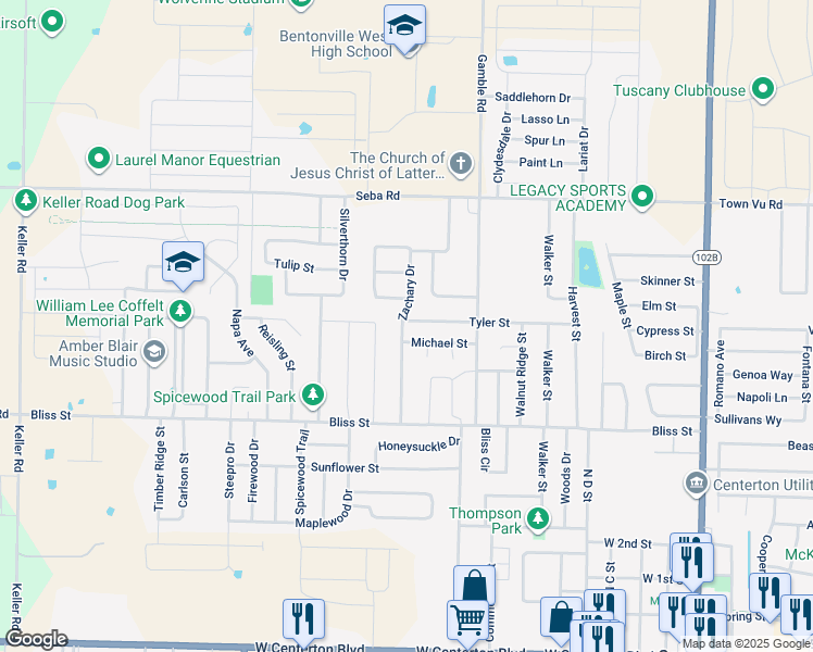 map of restaurants, bars, coffee shops, grocery stores, and more near 819 Tyler Street in Centerton