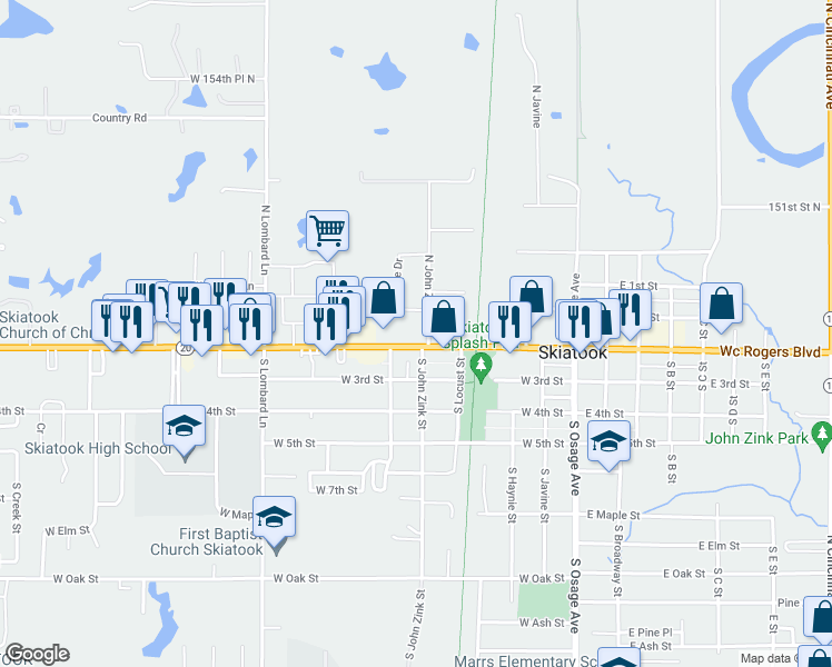 map of restaurants, bars, coffee shops, grocery stores, and more near 410 Oklahoma 20 in Skiatook