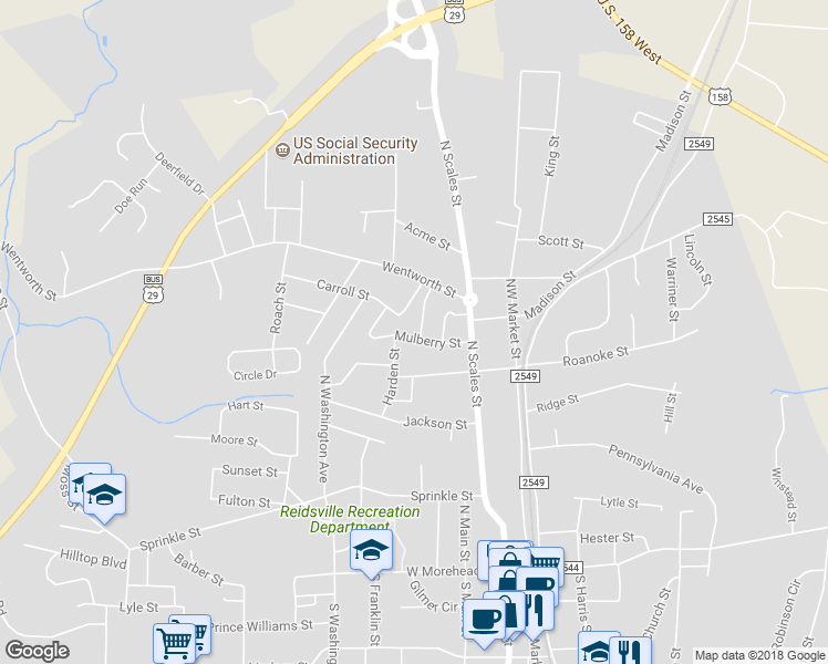 map of restaurants, bars, coffee shops, grocery stores, and more near 704 Wright Street in Reidsville