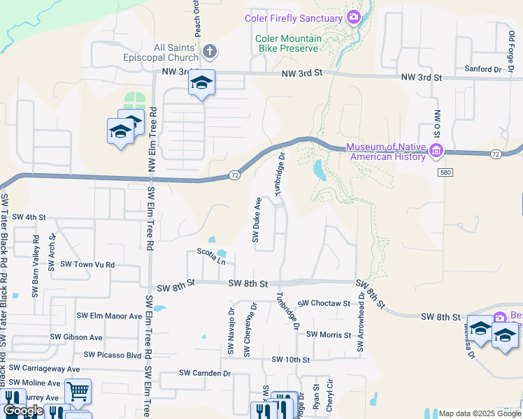map of restaurants, bars, coffee shops, grocery stores, and more near 505 Southwest Duke Avenue in Bentonville