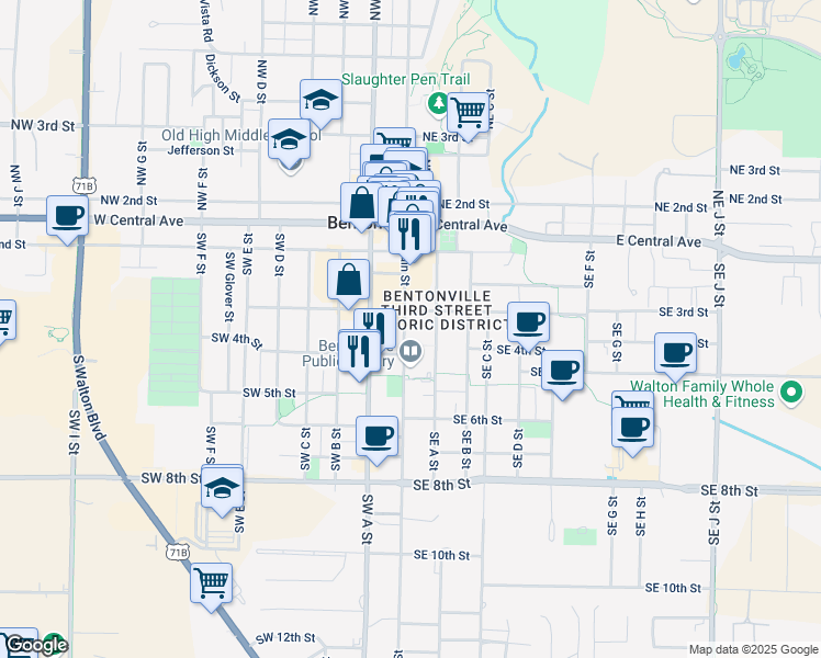 map of restaurants, bars, coffee shops, grocery stores, and more near 314 South Main Street in Bentonville