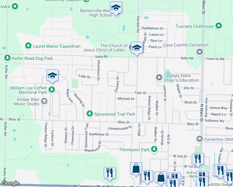 map of restaurants, bars, coffee shops, grocery stores, and more near 819 Tyler Street in Centerton