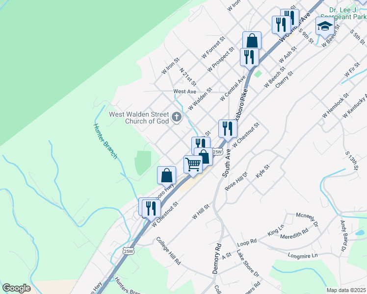 map of restaurants, bars, coffee shops, grocery stores, and more near 106 South 25th Street in LaFollette