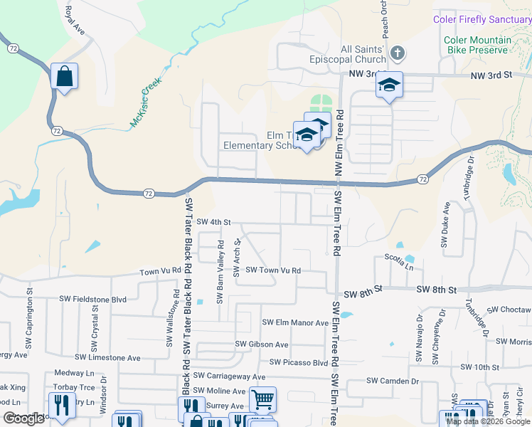 map of restaurants, bars, coffee shops, grocery stores, and more near 3572 Southwest 4th Street in Bentonville