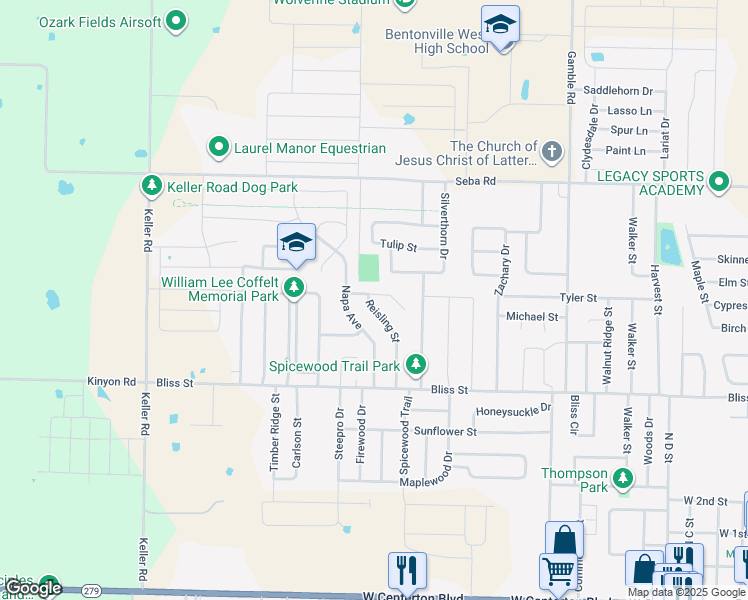 map of restaurants, bars, coffee shops, grocery stores, and more near 790 Reisling Street in Centerton