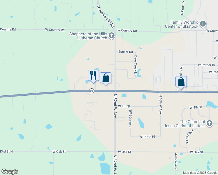 map of restaurants, bars, coffee shops, grocery stores, and more near 5265 West C Rogers Boulevard in Skiatook