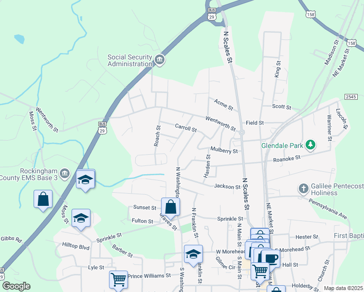 map of restaurants, bars, coffee shops, grocery stores, and more near 510 North Washington Avenue in Reidsville