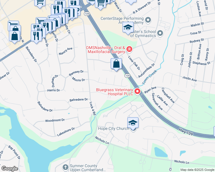 map of restaurants, bars, coffee shops, grocery stores, and more near 181 East Morris Drive in Gallatin