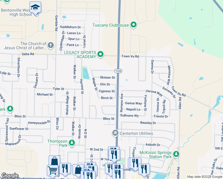 map of restaurants, bars, coffee shops, grocery stores, and more near 102 Cypress Street in Centerton
