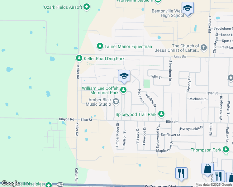 map of restaurants, bars, coffee shops, grocery stores, and more near 851 Bob Glen Circle in Centerton