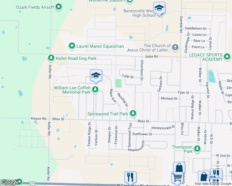 map of restaurants, bars, coffee shops, grocery stores, and more near 790 Reisling Street in Centerton