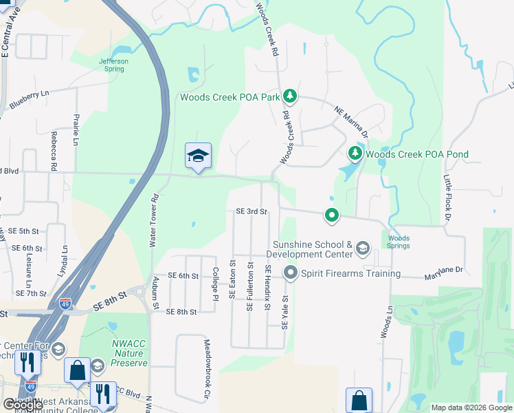 map of restaurants, bars, coffee shops, grocery stores, and more near 4203 Southeast 3rd Street in Bentonville