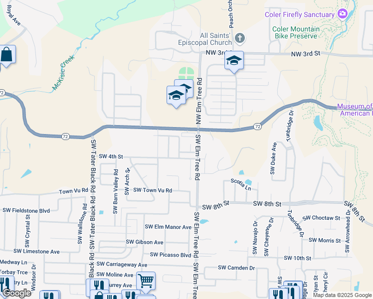 map of restaurants, bars, coffee shops, grocery stores, and more near 3400 Southwest Cabernet Avenue in Bentonville