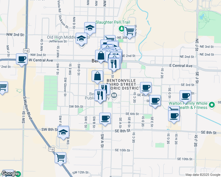 map of restaurants, bars, coffee shops, grocery stores, and more near 314 South Main Street in Bentonville