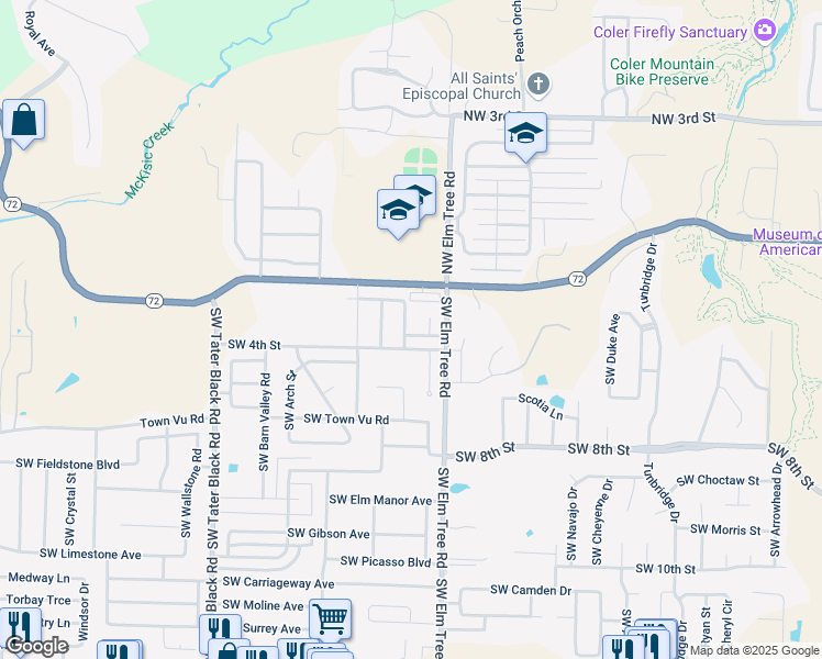 map of restaurants, bars, coffee shops, grocery stores, and more near 3400 Southwest Cabernet Avenue in Bentonville
