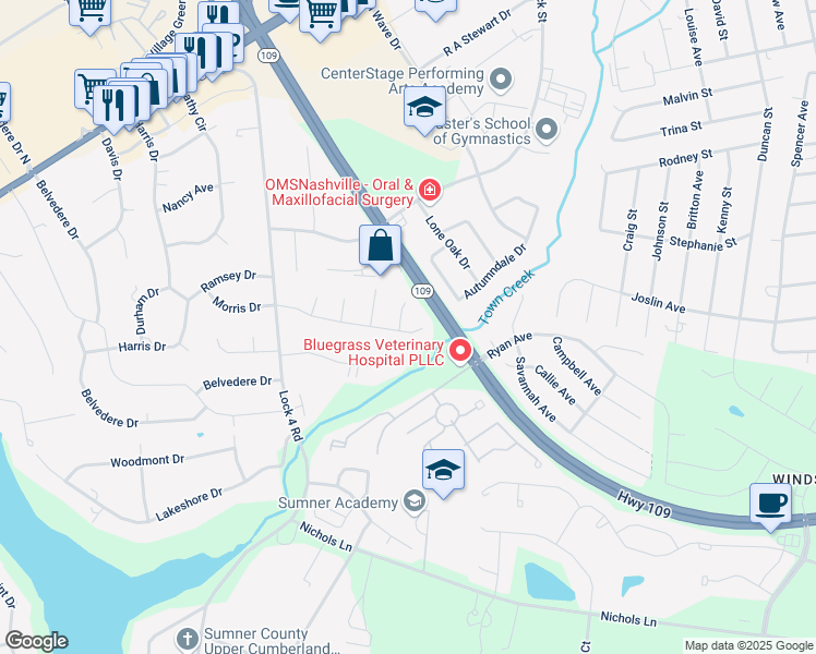 map of restaurants, bars, coffee shops, grocery stores, and more near 291 East Morris Drive in Gallatin