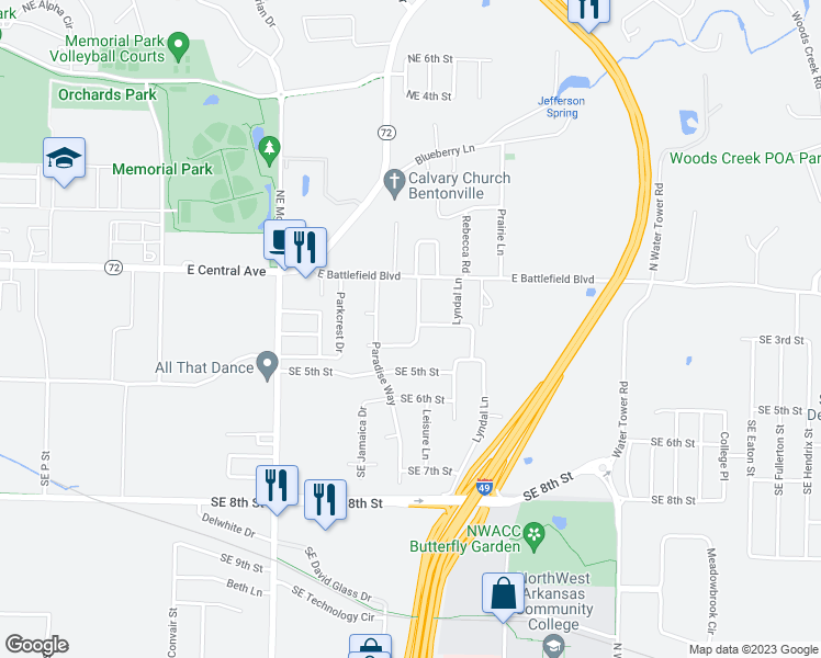 map of restaurants, bars, coffee shops, grocery stores, and more near 300 Pleasant View Lane in Bentonville