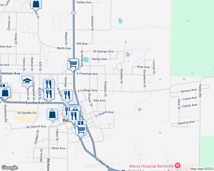 map of restaurants, bars, coffee shops, grocery stores, and more near 305 Douglas Street in Berryville