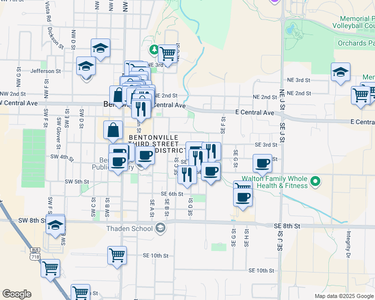 map of restaurants, bars, coffee shops, grocery stores, and more near 304 Southeast D Street in Bentonville