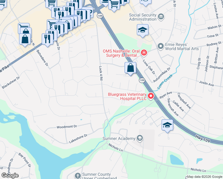 map of restaurants, bars, coffee shops, grocery stores, and more near 110 Rockwood Terrace in Gallatin