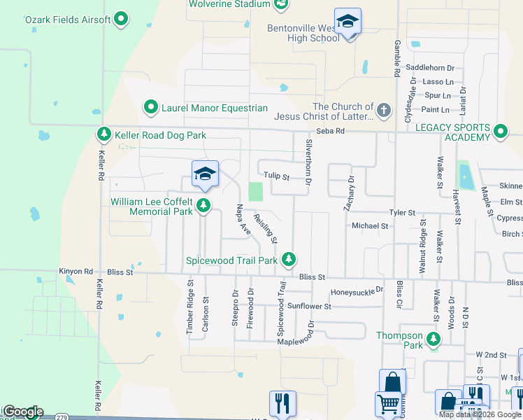 map of restaurants, bars, coffee shops, grocery stores, and more near Shiraz Drive in Centerton