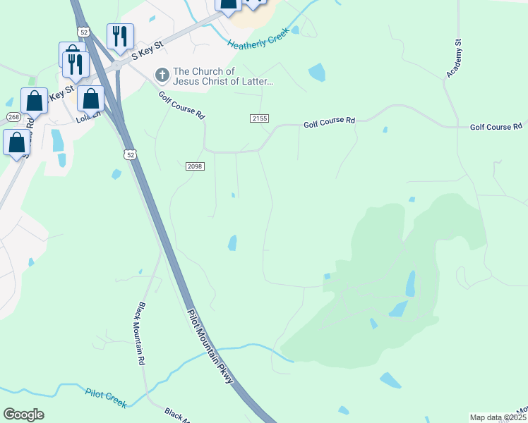 map of restaurants, bars, coffee shops, grocery stores, and more near 200 Club House Drive in Pilot Mountain
