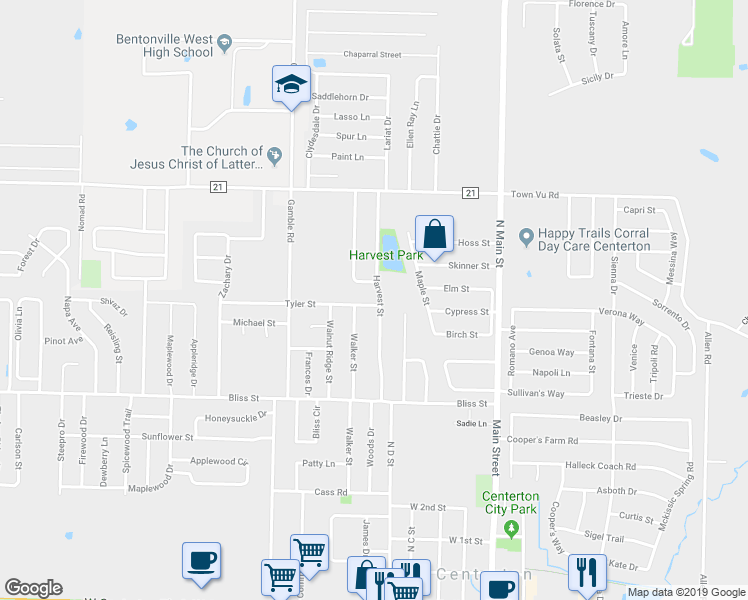 map of restaurants, bars, coffee shops, grocery stores, and more near 841 Harvest Street in Centerton