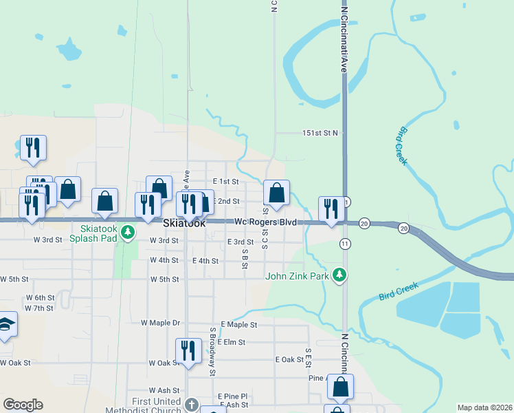 map of restaurants, bars, coffee shops, grocery stores, and more near 412 East 2nd Street in Skiatook
