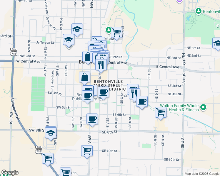 map of restaurants, bars, coffee shops, grocery stores, and more near 204 Southeast 3rd Street in Bentonville