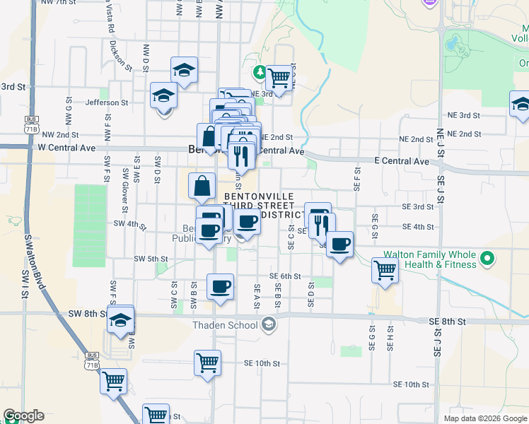 map of restaurants, bars, coffee shops, grocery stores, and more near 204 Southeast 3rd Street in Bentonville