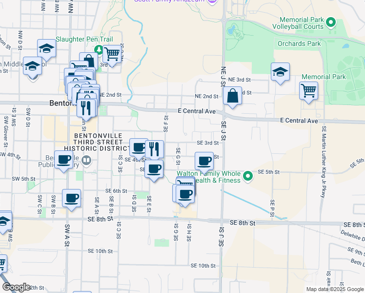 map of restaurants, bars, coffee shops, grocery stores, and more near 805 Southeast 4th Street in Bentonville