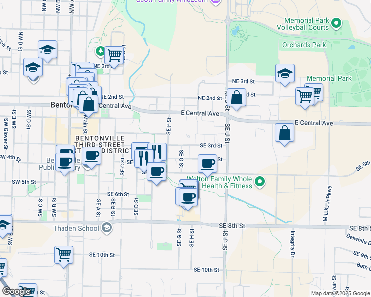 map of restaurants, bars, coffee shops, grocery stores, and more near 301 Southeast G Street in Bentonville