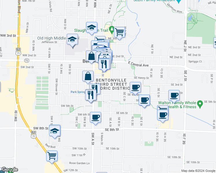 map of restaurants, bars, coffee shops, grocery stores, and more near 106 Southeast 3rd Street in Bentonville