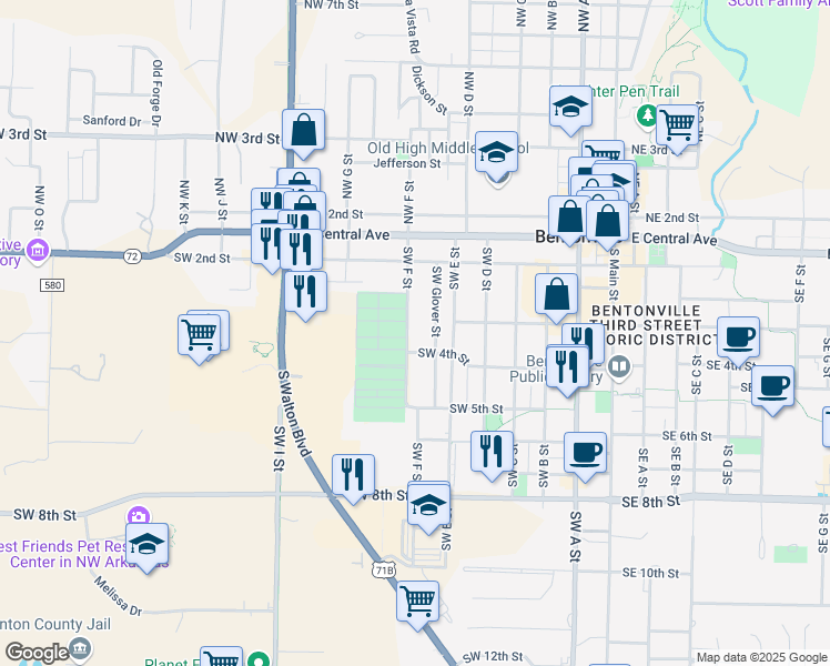 map of restaurants, bars, coffee shops, grocery stores, and more near 610 Southwest 4th Street in Bentonville