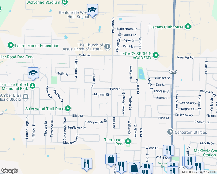 map of restaurants, bars, coffee shops, grocery stores, and more near 802 Tyler Street in Centerton