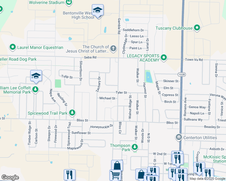 map of restaurants, bars, coffee shops, grocery stores, and more near 807 Tyler Street in Centerton