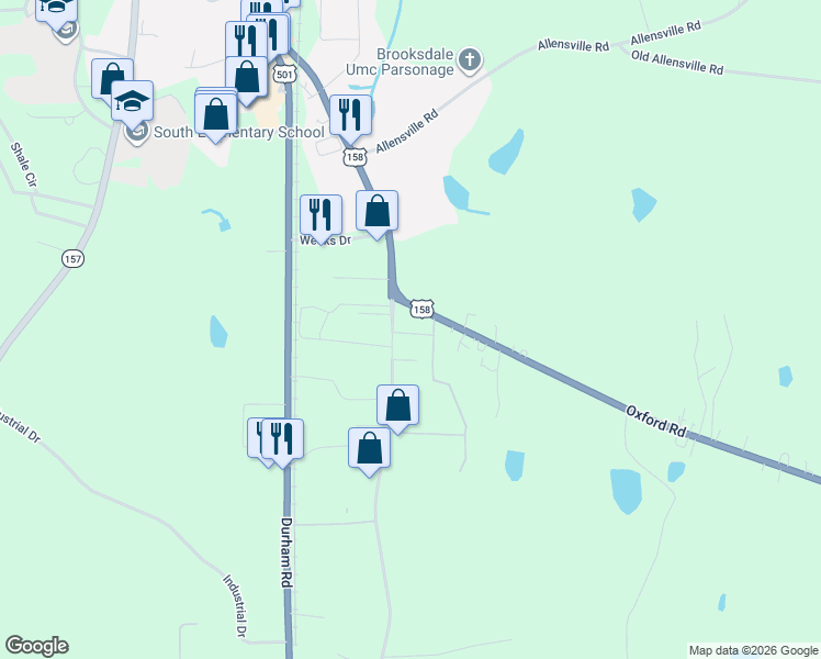 map of restaurants, bars, coffee shops, grocery stores, and more near 36 Peace Road in Roxboro