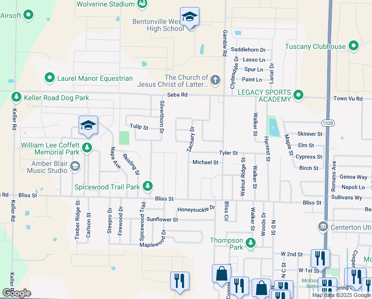 map of restaurants, bars, coffee shops, grocery stores, and more near 687 Zachary Drive in Centerton