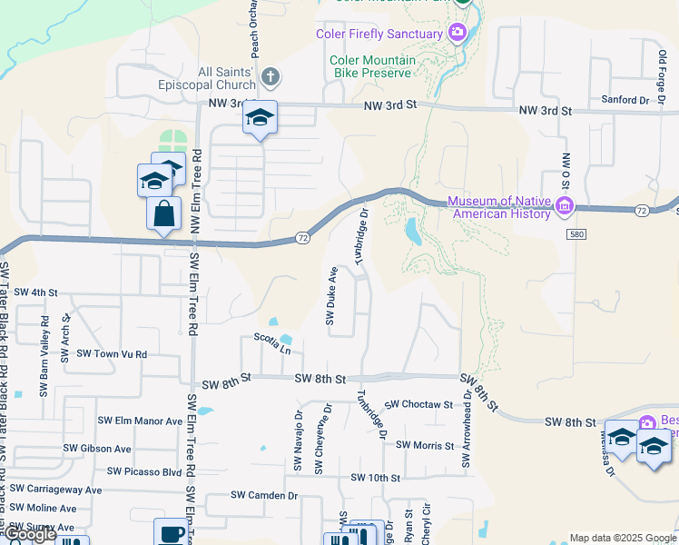 map of restaurants, bars, coffee shops, grocery stores, and more near 505 Southwest Duke Avenue in Bentonville
