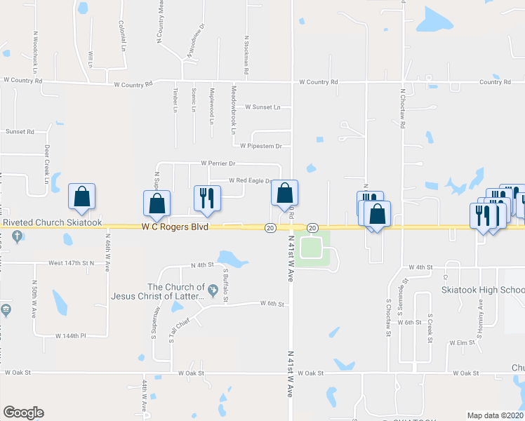 map of restaurants, bars, coffee shops, grocery stores, and more near 4117 West C Rogers Boulevard in Skiatook