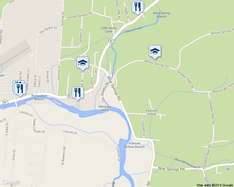 map of restaurants, bars, coffee shops, grocery stores, and more near 162 Blue Springs Rd in Elizabethton
