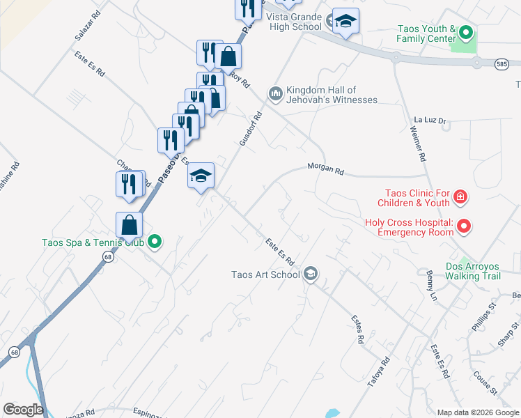 map of restaurants, bars, coffee shops, grocery stores, and more near Este Es Rd in Taos