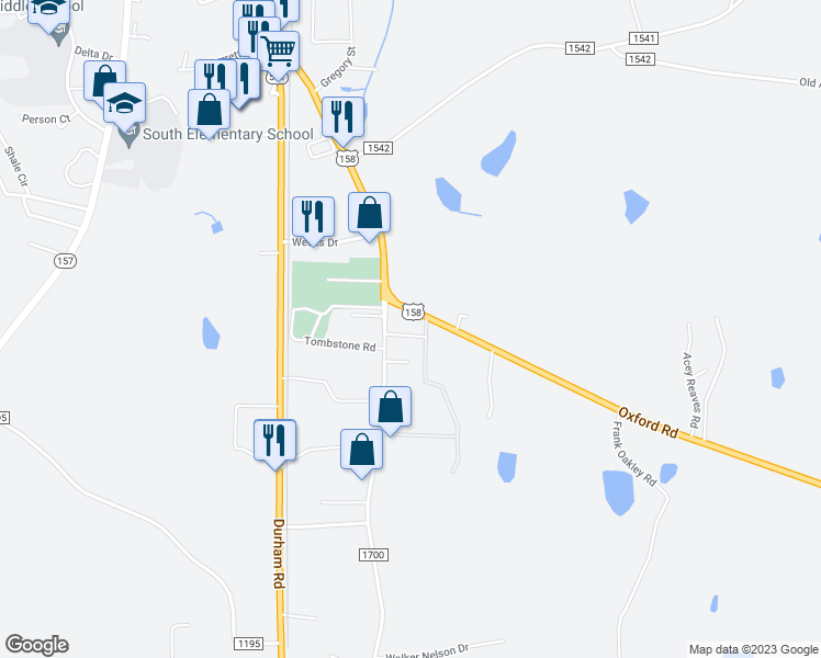 map of restaurants, bars, coffee shops, grocery stores, and more near 55 Peace Road in Roxboro