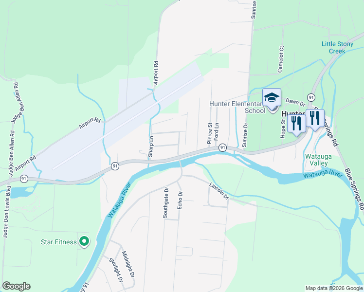 map of restaurants, bars, coffee shops, grocery stores, and more near 543 State Highway 91 in Elizabethton