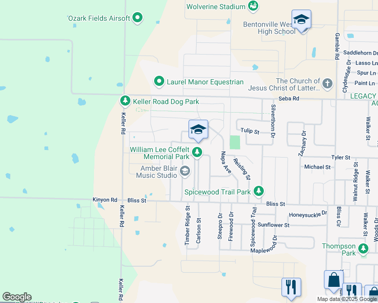 map of restaurants, bars, coffee shops, grocery stores, and more near 851 Bob Glen Circle in Centerton