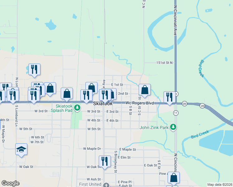 map of restaurants, bars, coffee shops, grocery stores, and more near East 2nd Street in Skiatook