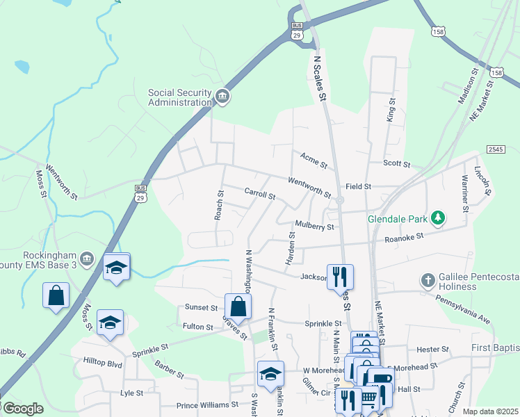 map of restaurants, bars, coffee shops, grocery stores, and more near 510 North Washington Avenue in Reidsville