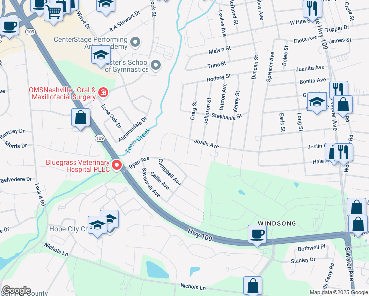 map of restaurants, bars, coffee shops, grocery stores, and more near 1015 Craig Street in Gallatin