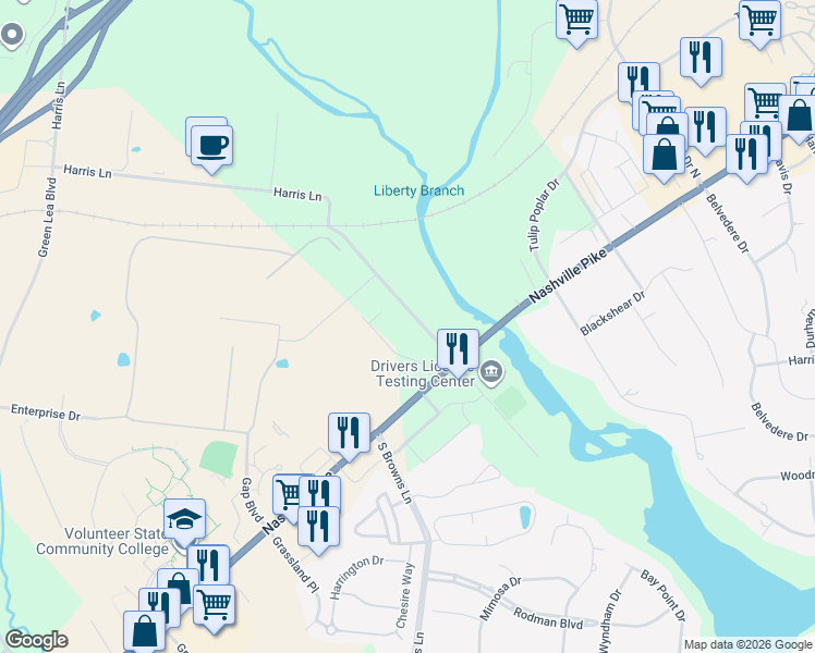 map of restaurants, bars, coffee shops, grocery stores, and more near 109 Harris Lane in Gallatin